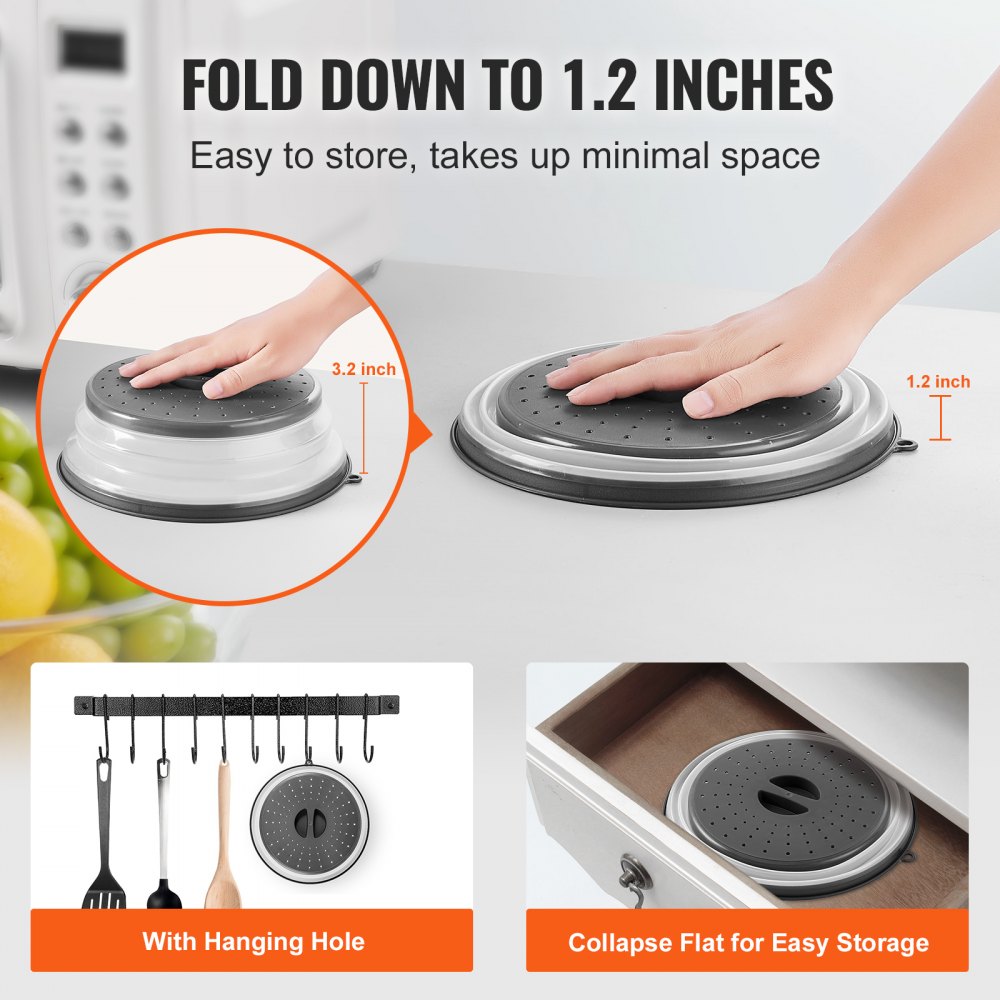 VEVOR 2PCS Microwave Splatter Covers, 10.4" Collapsible Microwave Lid for Food, 300°F Heat-Resistant PP Splatter Guard for Plate Dish, Multi-Use Kitchen Colander Gadget for Washing Fruits Vegetables