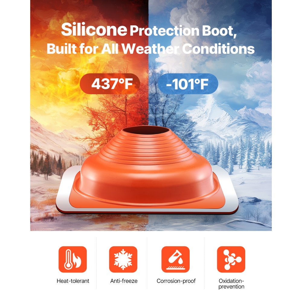 VEVOR 2 PCs Roof Pipe Flashing Boots, Fit Pipe OD 6-1/4" - 11-3/4", Flexible Silicone Roofing Jack Pipe Flashing, High Temp -101℉ - 437℉, Square Metal Base, for Chimney, Wood Stove & Outdoor Vent Pipe