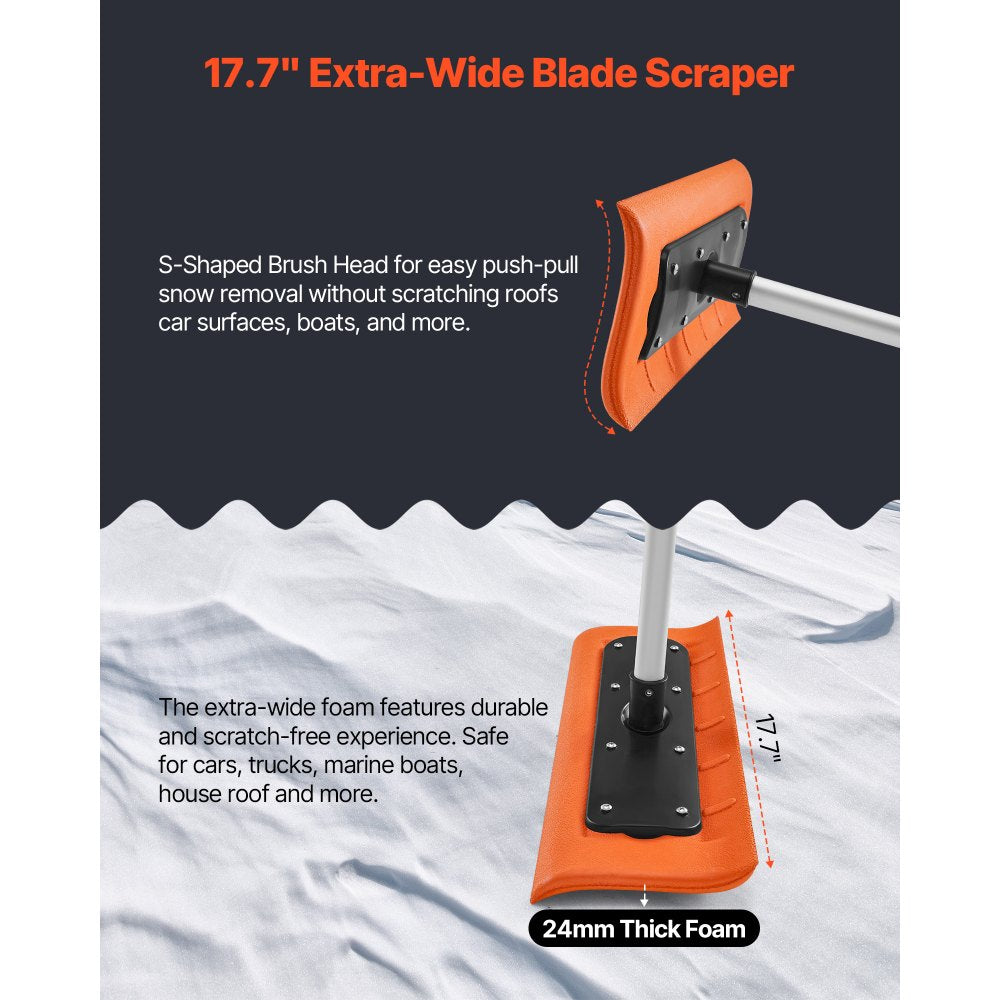 VEVOR Snow Roof Rake, 17.7 in Foam Blade, 7.3-18.4 ft Adjustable Roof Snow Scraper, Extension Tubes & Non-Slip Handle, Lightweight Snows Removal Tool for House Leaves Debris Clearing