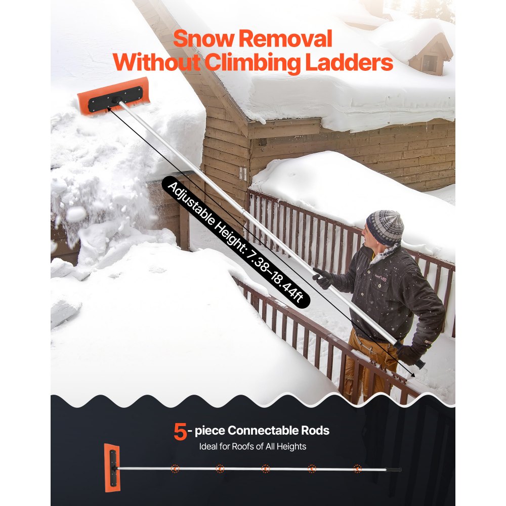 VEVOR Snow Roof Rake, 17.7 in Foam Blade, 7.3-18.4 ft Adjustable Roof Snow Scraper, Extension Tubes & Non-Slip Handle, Lightweight Snows Removal Tool for House Leaves Debris Clearing