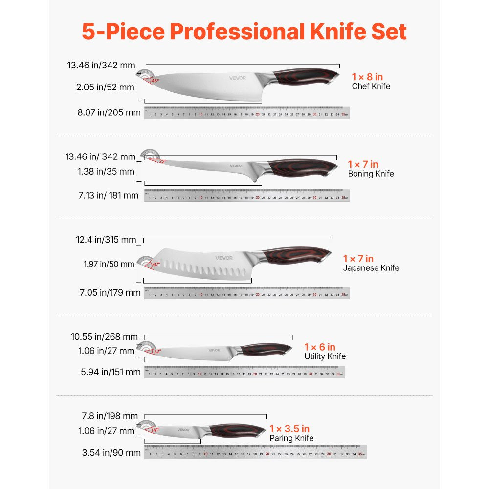VEVOR Kitchen Knife Set, 5 Piece High Carbon Stainless Steel Sharp Knife Set, Durable and Rust-Resistant, Professional Kitchen Cutlery with Ergonomic Crack-Resistant Handle, for Precise Cutting