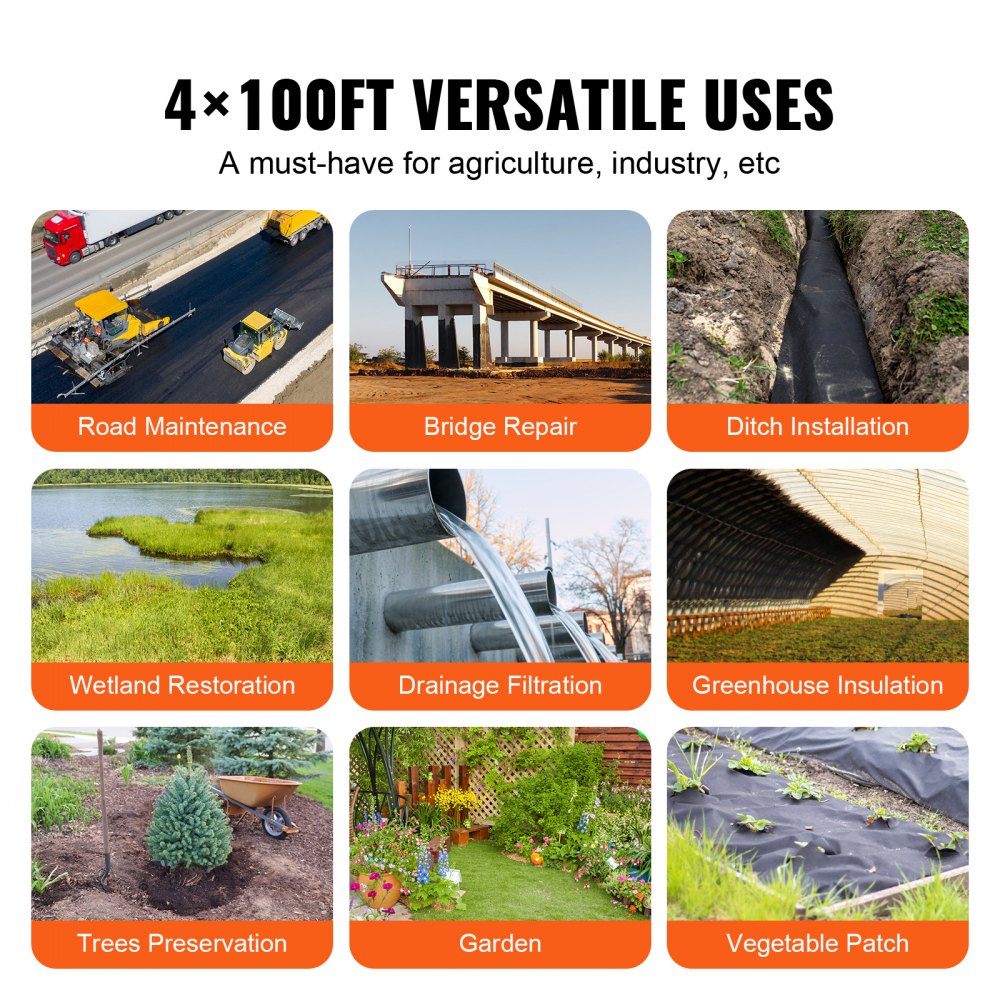 VEVOR Non Woven Geotextile Fabric Under Gravel, 4x100FT 8OZ Driveway Fabric Landscape Fabric, Heavy Duty Weed Barrier Fabric, Ground Cover Weed Control Fabric, French Drains Drainage Fabric, Black