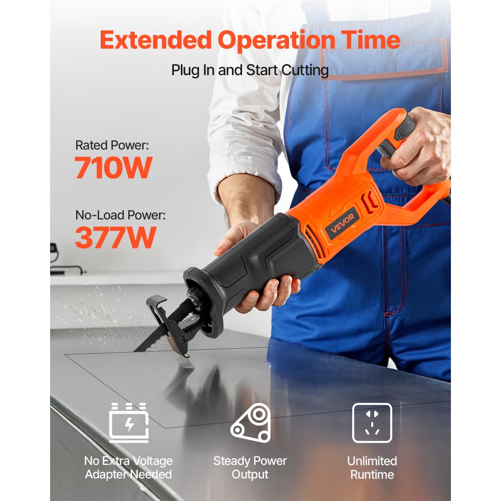VEVOR Corded Reciprocating Saw, 120 Volt 6 Amp, 3000 SPM Variable Speed, 3/4 inch Stroke Length, Electric Reciprocating Saw with 8 Blades and Carrying Bag, for Wood, Metal, and Plastic Cutting