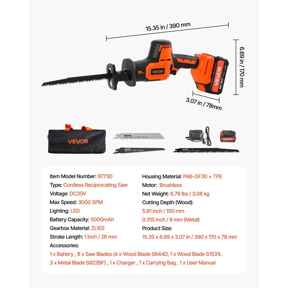 VEVOR Cordless Reciprocating Saw, 20 V, 3000 SPM Variable Speed, 1 inch Stroke Length, Electric Reciprocating Saw with Battery, Charger, 8 Blades, and Carrying Bag, for Wood, Metal and Plastic Cutting