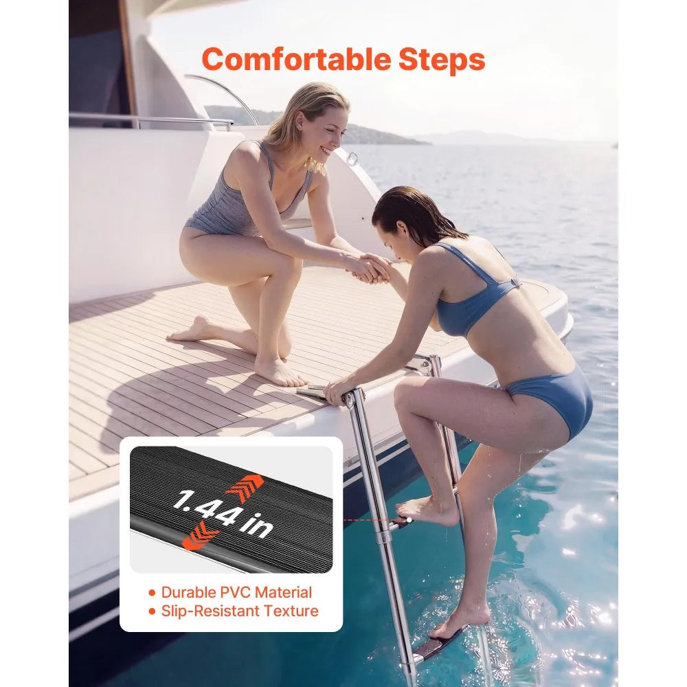 VEVOR Boat Ladder, 3 Steps, Stainless Steel Telescoping Folding Swim Deck Ladder for Rear Entry Inboard, Heavy Duty 600 lbs Capacity with Wide Anti-Slip Steps, for Outboards, Yacht, Pontoon Boats
