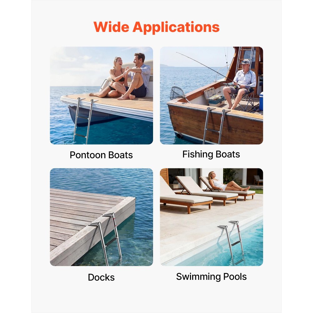 VEVOR Boat Ladder, 3 Steps, Stainless Steel Telescoping Folding Swim Deck Ladder for Rear Entry Inboard, Heavy Duty 600 lbs Capacity with Wide Anti-Slip Steps, for Outboards, Yacht, Pontoon Boats