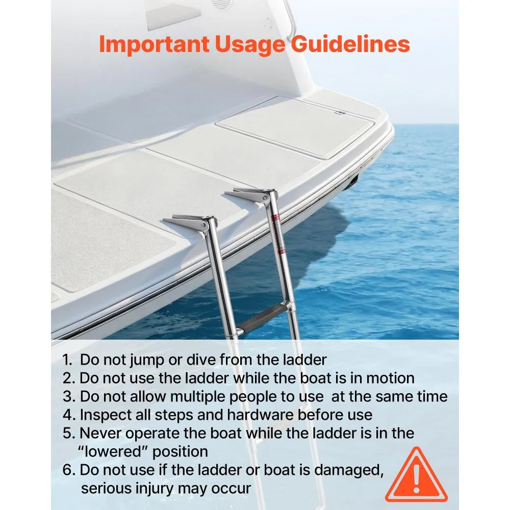 VEVOR Boat Ladder, 3 Steps, Stainless Steel Telescoping Folding Swim Deck Ladder for Rear Entry Inboard, Heavy Duty 600 lbs Capacity with Wide Anti-Slip Steps, for Outboards, Yacht, Pontoon Boats