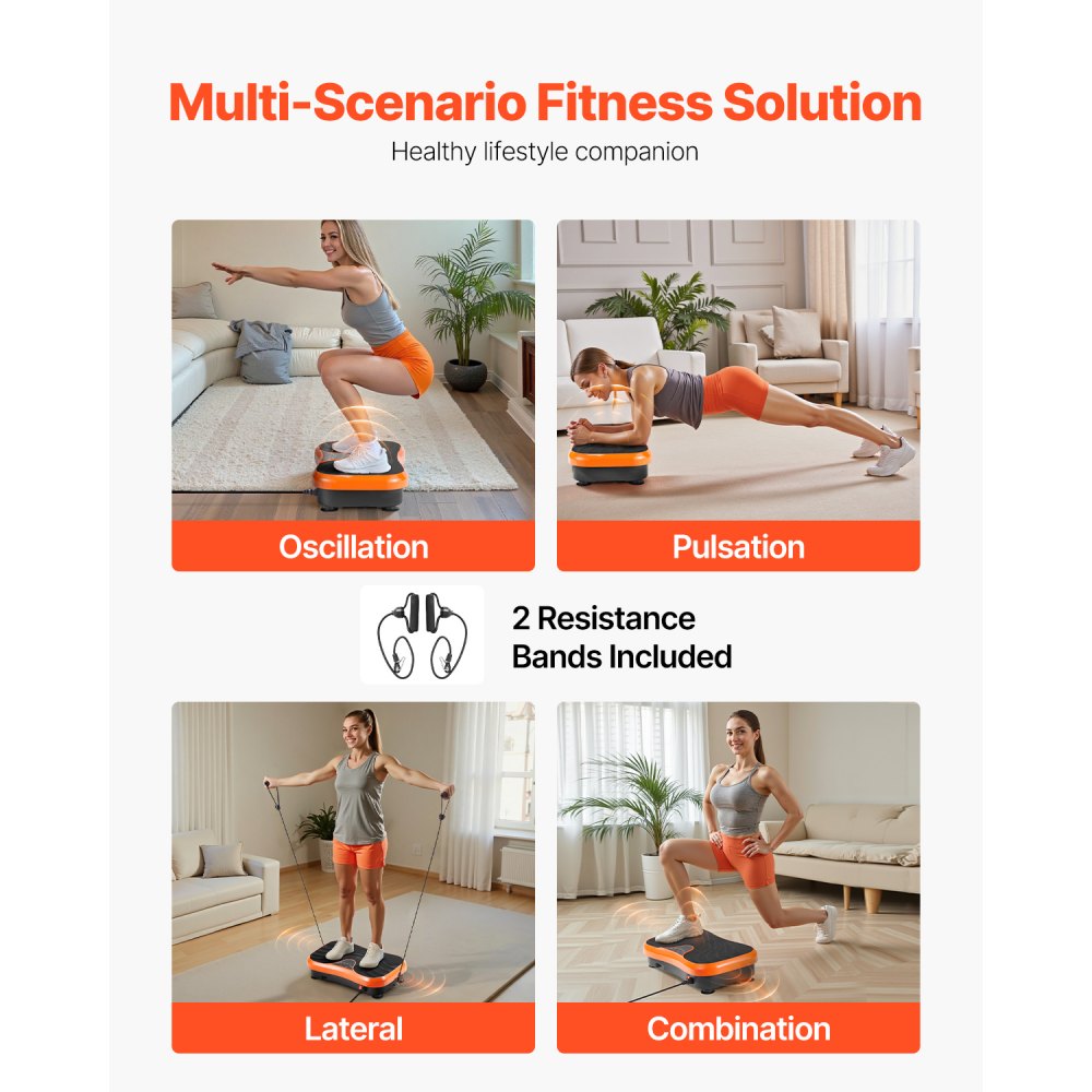 VEVOR Vibration Plate Exercise Machine, Whole Body Vibrating Platform for Lymphatic Drainage and Weight Loss, Home Workout Fitness Equipment with 2 Resistance Bands, Body Shaker for Women Men, Orange