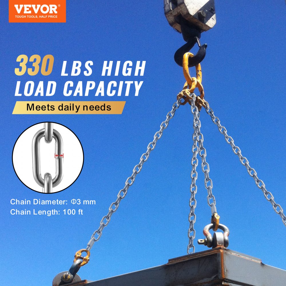 VEVOR Proof Coil Chain, 1/8" x 100', 330 lbs Safe Working Load, Zinc Plated Proof Tested Coil Chain with Two Quick Links, Galvanized Carbon Steel Link Chain for Towing, Hanging, Camping, Pet Towing
