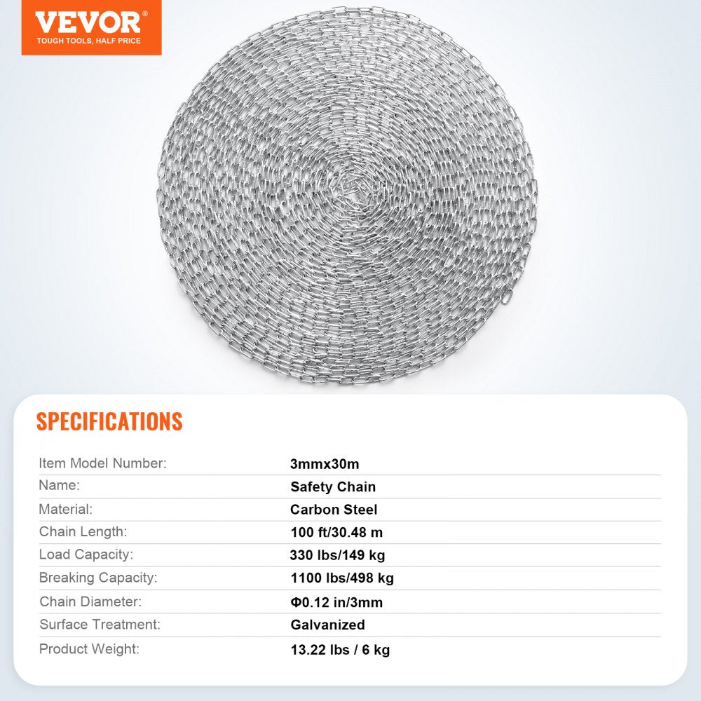 VEVOR Proof Coil Chain, 1/8" x 100', 330 lbs Safe Working Load, Zinc Plated Proof Tested Coil Chain with Two Quick Links, Galvanized Carbon Steel Link Chain for Towing, Hanging, Camping, Pet Towing