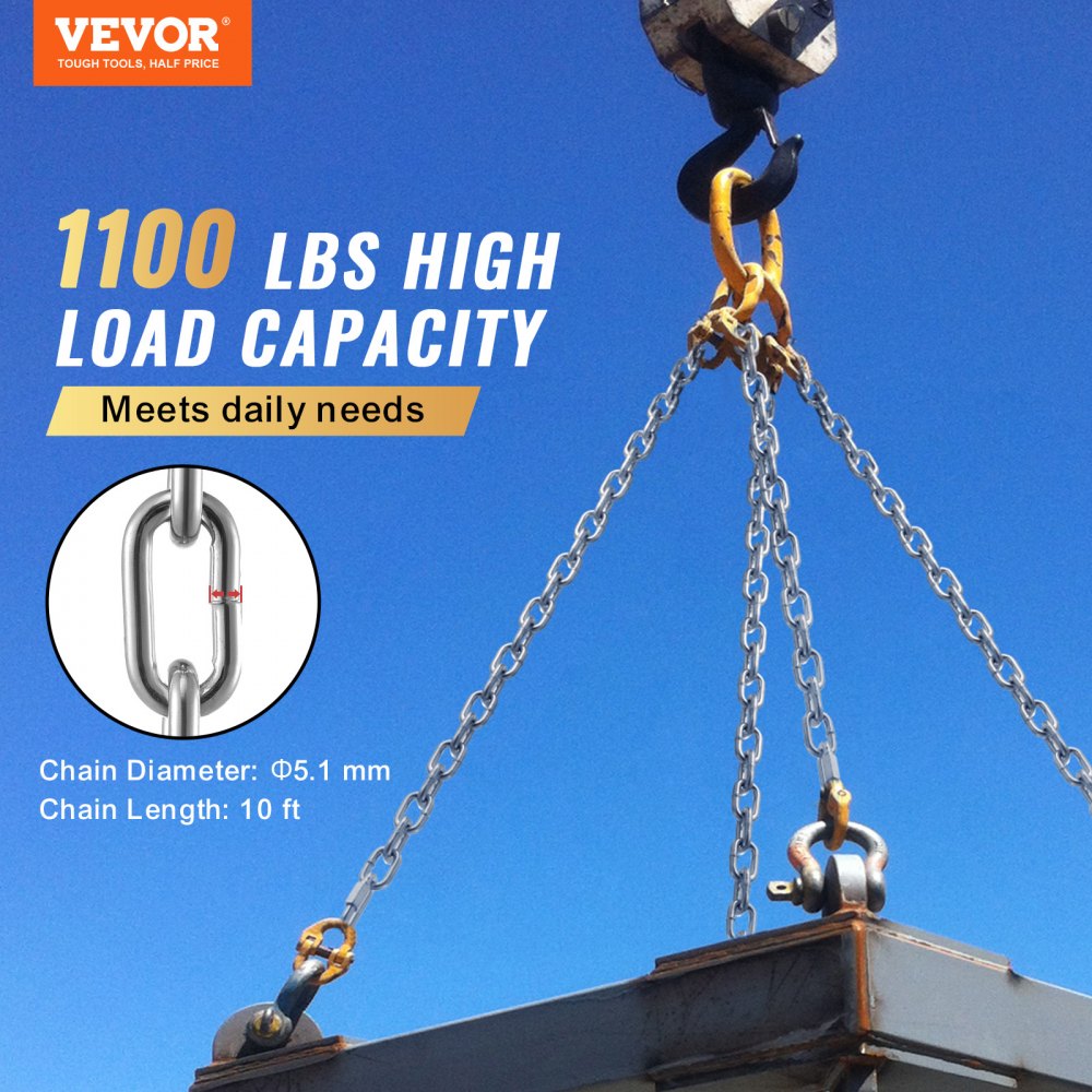 VEVOR Proof Coil Chain, 3/16" x 10', 1100 lbs Safe Working Load, Zinc Plated Proof Tested Coil Chain with Two Quick Links, Galvanized Carbon Steel Link Chain for Towing, Hanging, Camping, Pet Towing