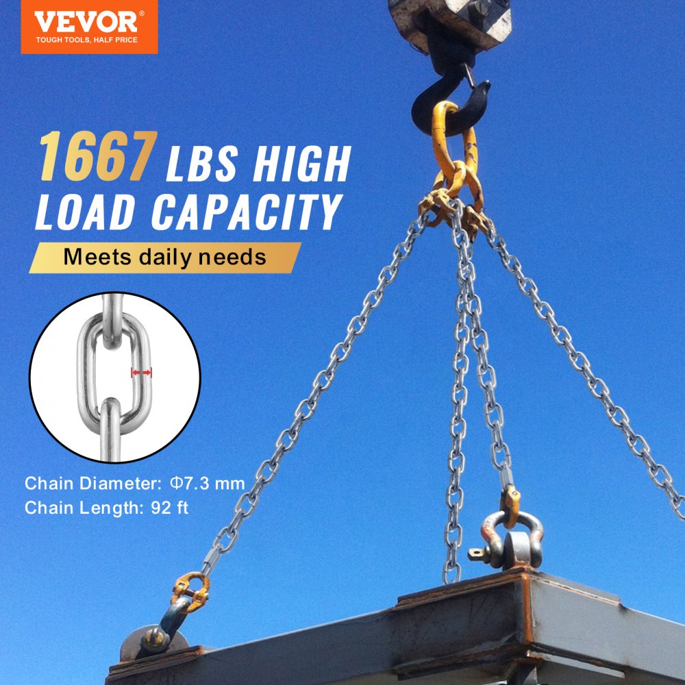 VEVOR Proof Coil Chain, 5/16" x 92', 1667 lbs Safe Working Load, Zinc Plated Proof Tested Coil Chain with Two Quick Links, Galvanized Carbon Steel Link Chain for Towing, Hanging, Camping, Pet Towing