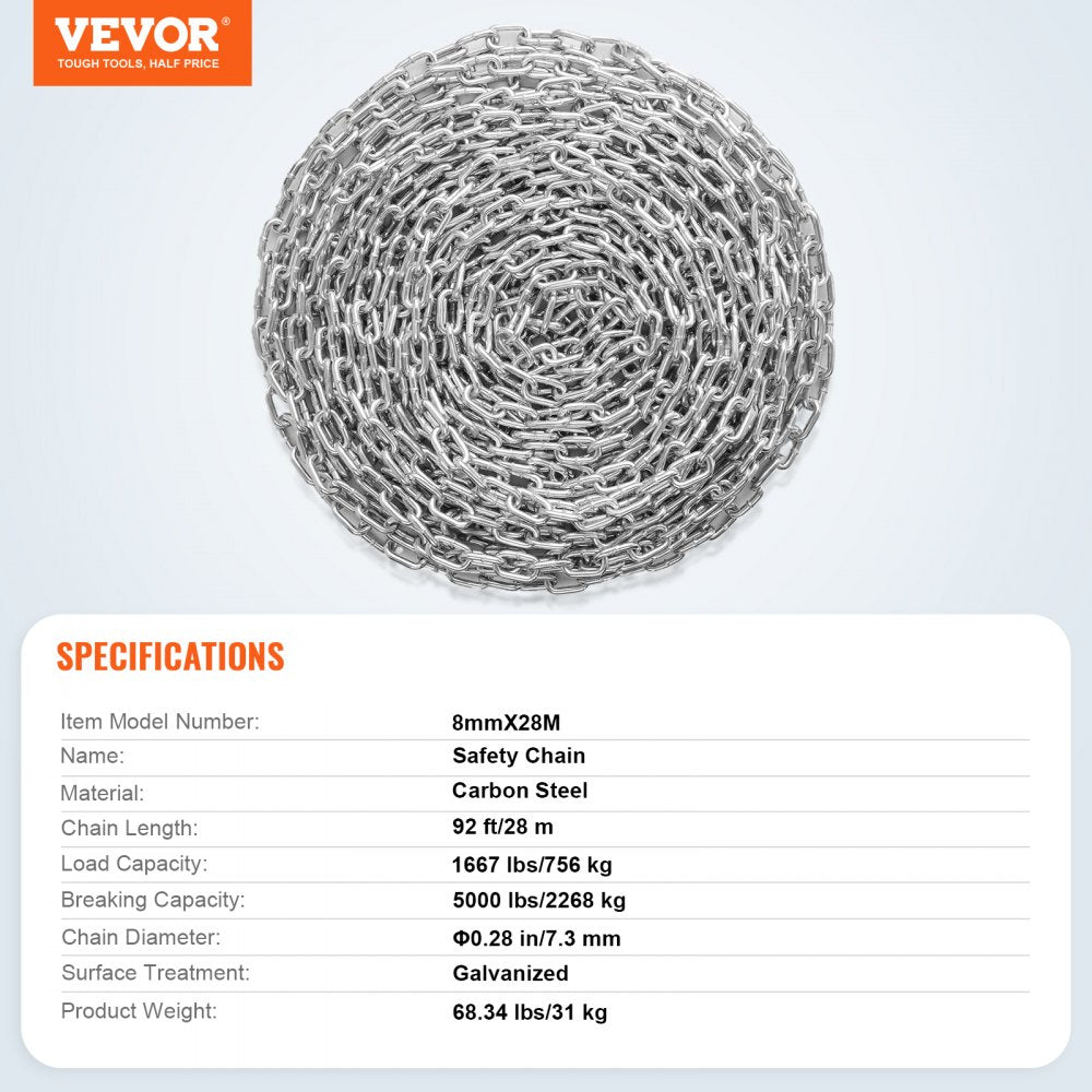 VEVOR Proof Coil Chain, 5/16" x 92', 1667 lbs Safe Working Load, Zinc Plated Proof Tested Coil Chain with Two Quick Links, Galvanized Carbon Steel Link Chain for Towing, Hanging, Camping, Pet Towing
