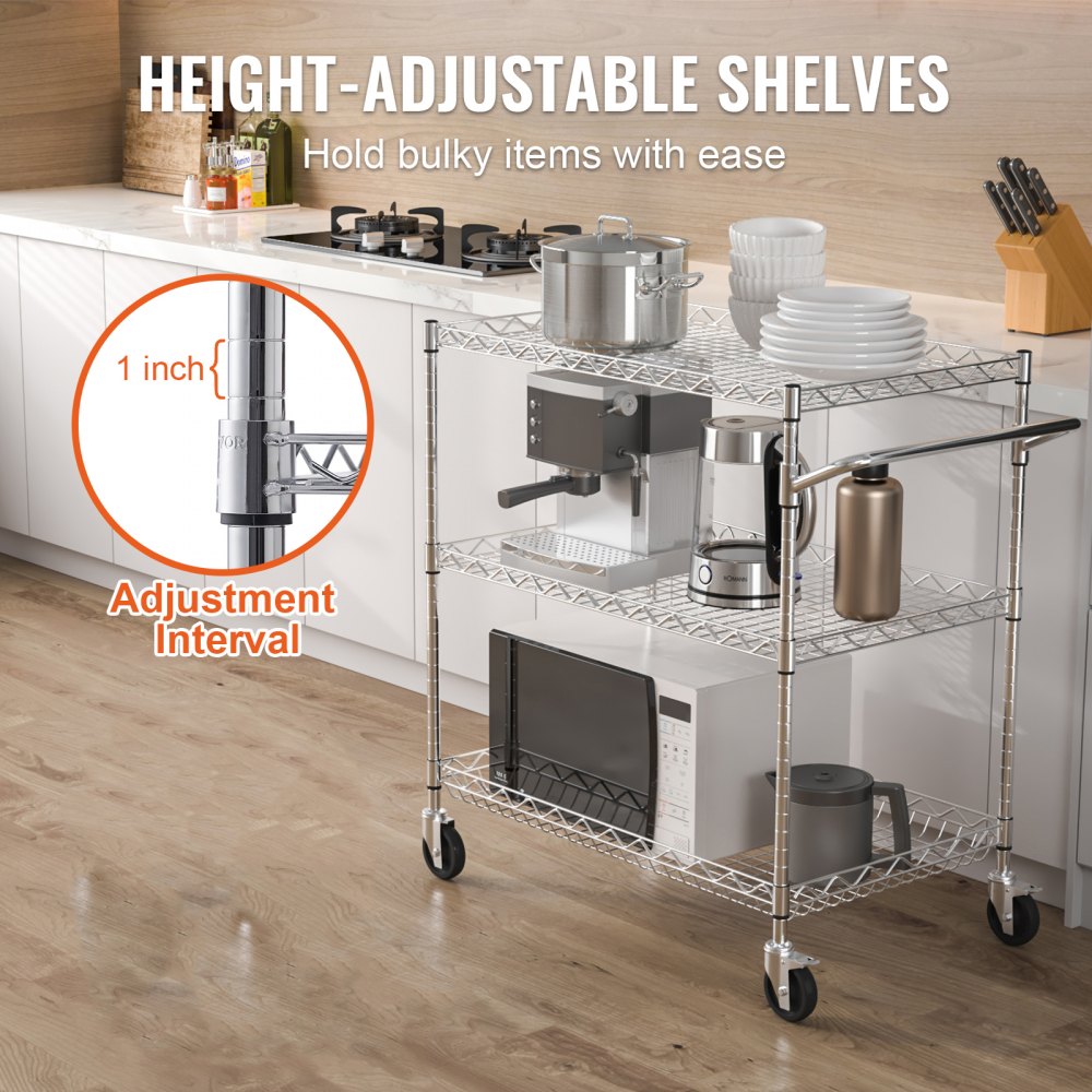VEVOR Kitchen Utility Cart, 3 Tiers, Wire Rolling Cart with 661LBS Capacity, Steel Service Cart on Wheels, Metal Storage Trolley with 80mm Deep Basket Curved Handle 6 Hooks, for Indoor and Outdoor Use
