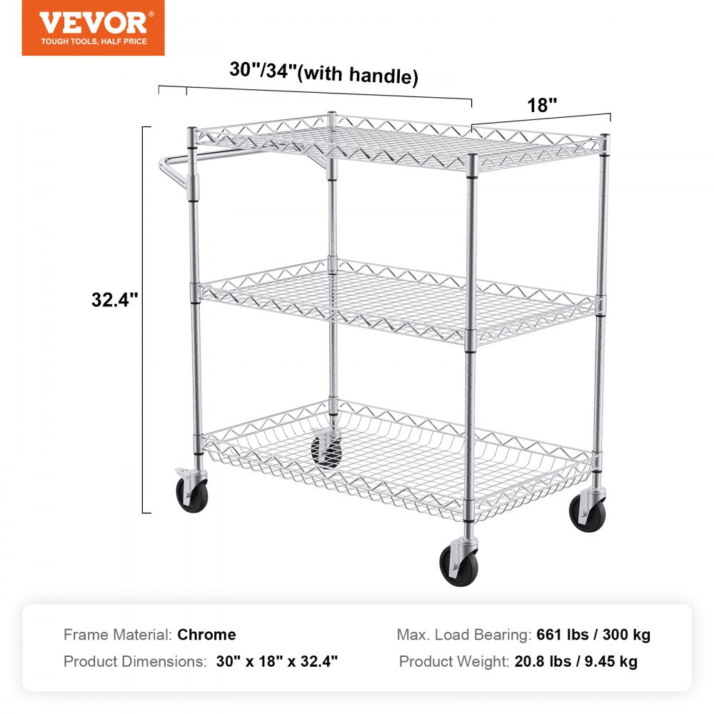 VEVOR Kitchen Utility Cart, 3 Tiers, Wire Rolling Cart with 661LBS Capacity, Steel Service Cart on Wheels, Metal Storage Trolley with 80mm Deep Basket Curved Handle 6 Hooks, for Indoor and Outdoor Use