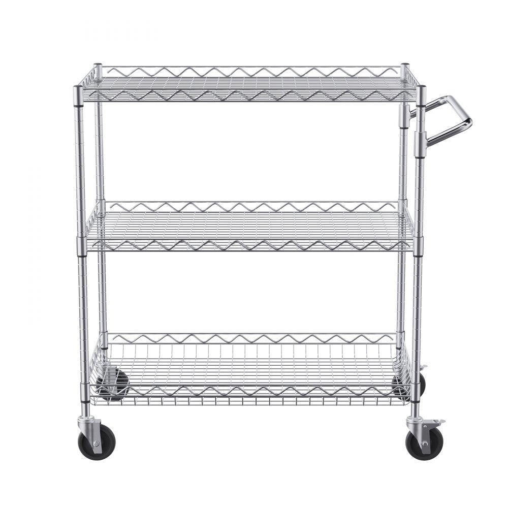 VEVOR Kitchen Utility Cart, 3 Tiers, Wire Rolling Cart with 661LBS Capacity, Steel Service Cart on Wheels, Metal Storage Trolley with 80mm Deep Basket Curved Handle 6 Hooks, for Indoor and Outdoor Use