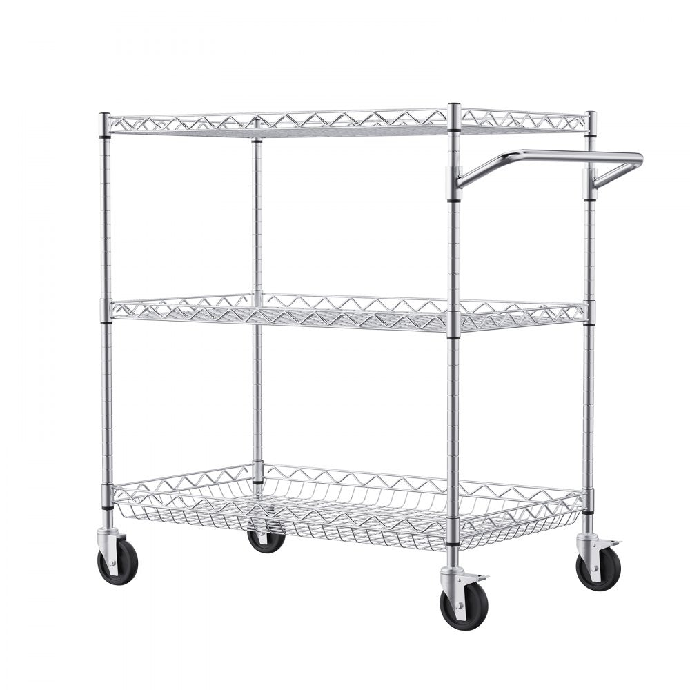 VEVOR Kitchen Utility Cart, 3 Tiers, Wire Rolling Cart with 661LBS Capacity, Steel Service Cart on Wheels, Metal Storage Trolley with 80mm Deep Basket Curved Handle 6 Hooks, for Indoor and Outdoor Use