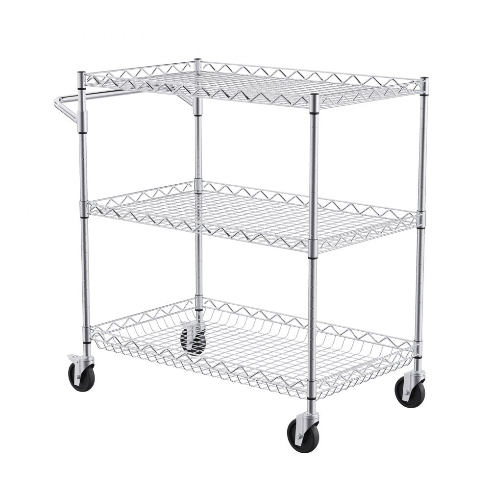 VEVOR Kitchen Utility Cart, 3 Tiers, Wire Rolling Cart with 661LBS Capacity, Steel Service Cart on Wheels, Metal Storage Trolley with 80mm Deep Basket Curved Handle 6 Hooks, for Indoor and Outdoor Use