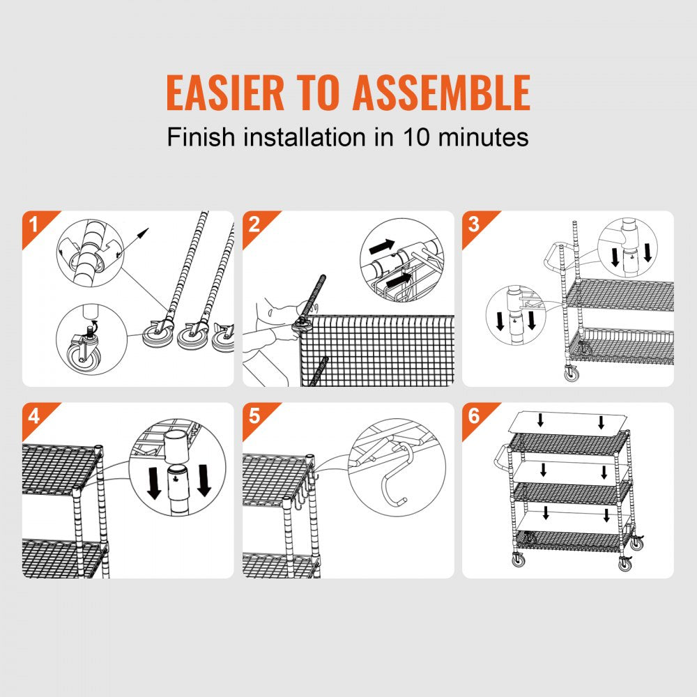 VEVOR Kitchen Utility Cart, 3 Tiers, Wire Rolling Cart with 661LBS Capacity, Steel Service Cart on Wheels, Metal Storage Trolley with 80mm Basket Curved Handle PP Liner 6 Hooks, for Indoor and Outdoor