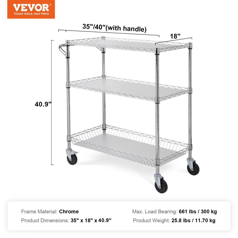 VEVOR Kitchen Utility Cart, 3 Tiers, Wire Rolling Cart with 661LBS Capacity, Steel Service Cart on Wheels, Metal Storage Trolley with 80mm Basket Curved Handle PP Liner 6 Hooks, for Indoor and Outdoor
