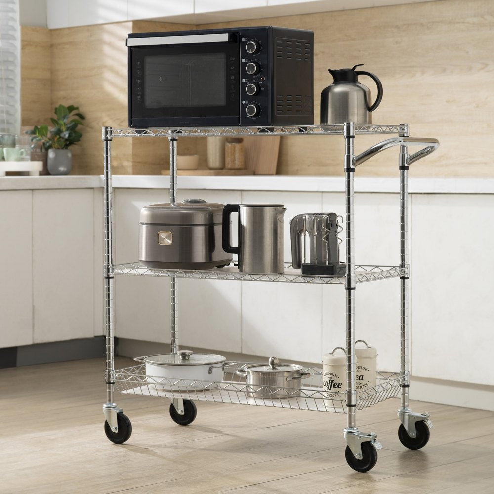 VEVOR Kitchen Utility Cart, 3 Tiers, Wire Rolling Cart with 661LBS Capacity, Steel Service Cart on Wheels, Metal Storage Trolley with 80mm Basket Curved Handle PP Liner 6 Hooks, for Indoor and Outdoor
