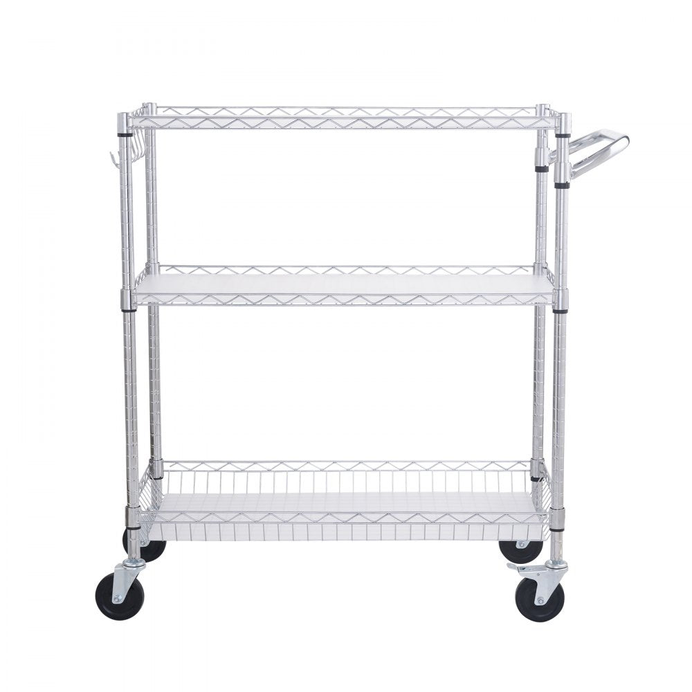 VEVOR Kitchen Utility Cart, 3 Tiers, Wire Rolling Cart with 661LBS Capacity, Steel Service Cart on Wheels, Metal Storage Trolley with 80mm Basket Curved Handle PP Liner 6 Hooks, for Indoor and Outdoor
