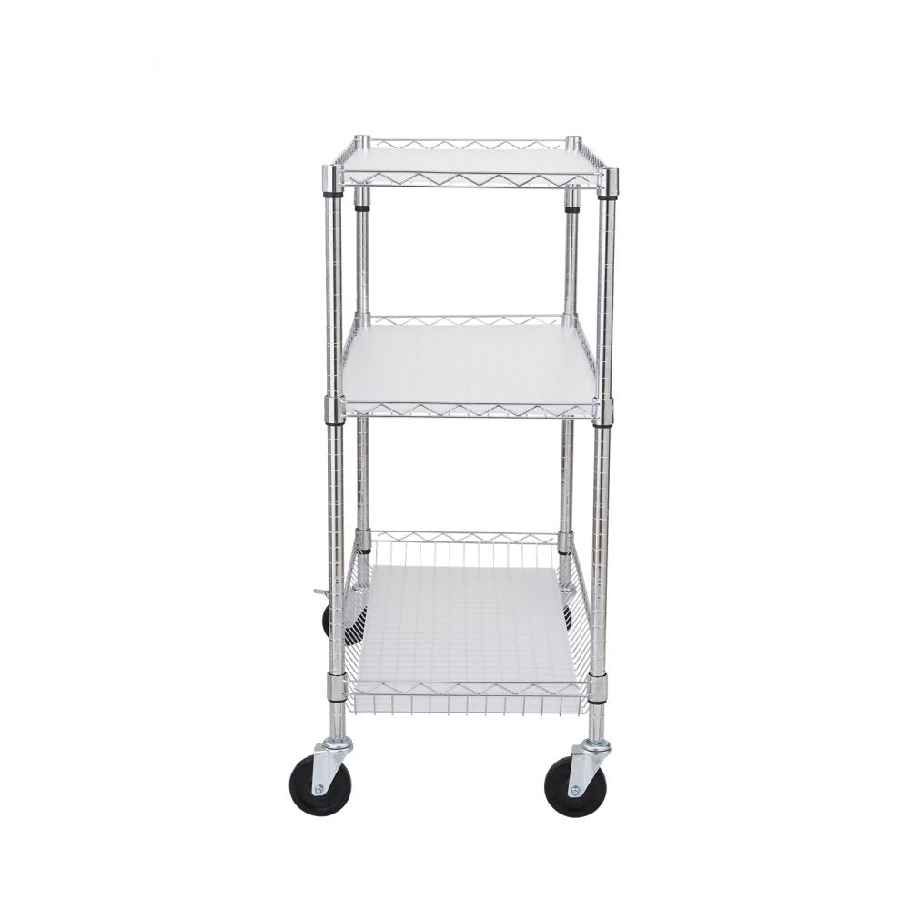 VEVOR Kitchen Utility Cart, 3 Tiers, Wire Rolling Cart with 661LBS Capacity, Steel Service Cart on Wheels, Metal Storage Trolley with 80mm Basket Curved Handle PP Liner 6 Hooks, for Indoor and Outdoor