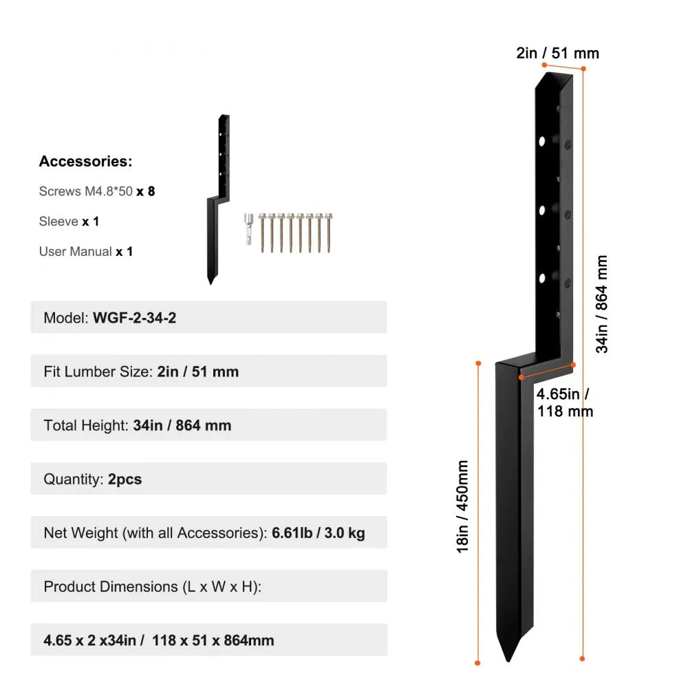 VEVOR Fence Post Anchor Repair Kit, 2 Pack Inner Diameter 2 x2 Inches Heavy Duty Steel Fence Post Support Stakes, Anchor Ground Spike for Repair Tilted, Broken Wood Fence Post