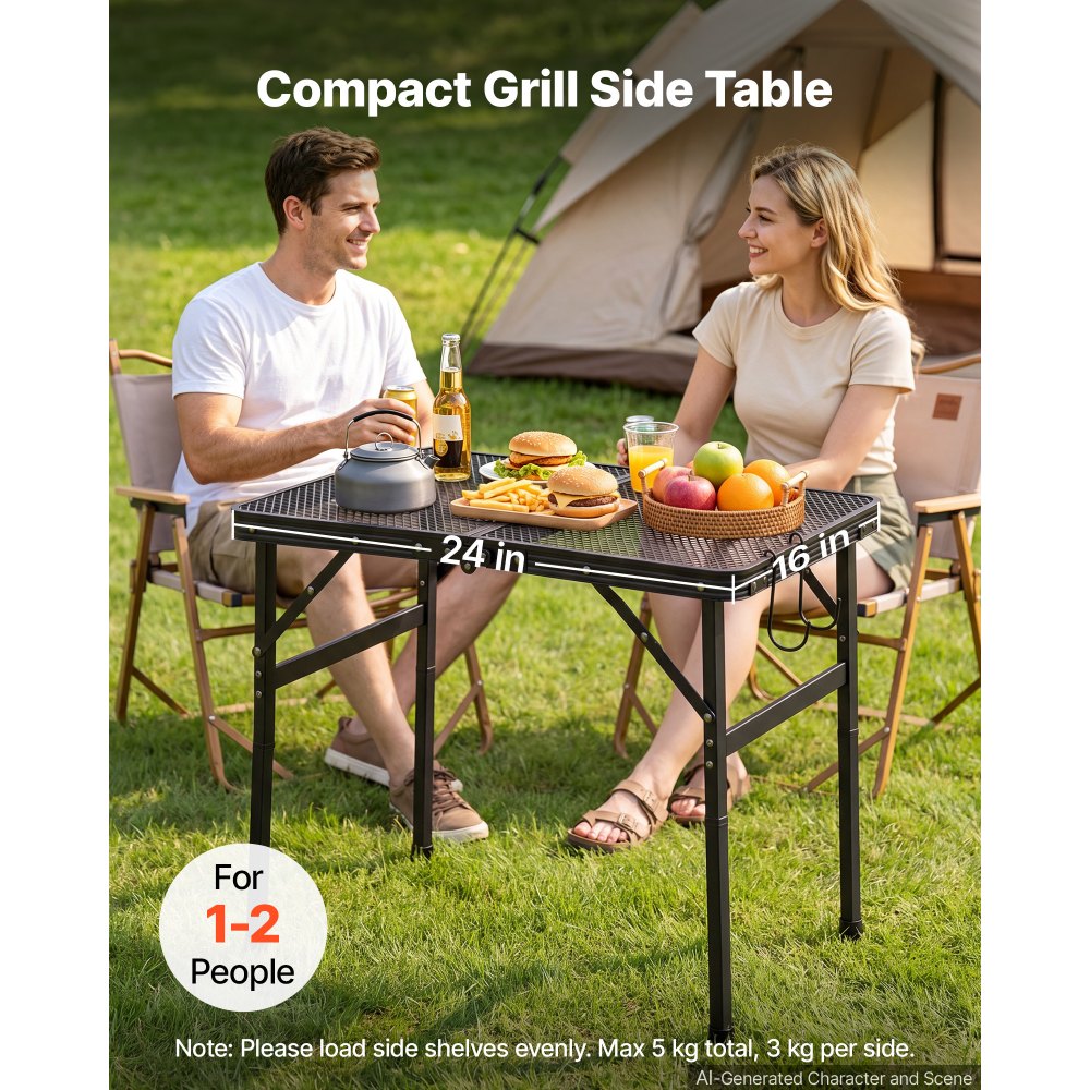 VEVOR Folding Grill Table 24x16 in Camping Tables 90 lbs Capacity Aluminum, Lightweight Compact for Picnic BBQ Tailgating, Adjustable Height, Outdoor Side Stand with Portable Handle, Black Metal Mesh