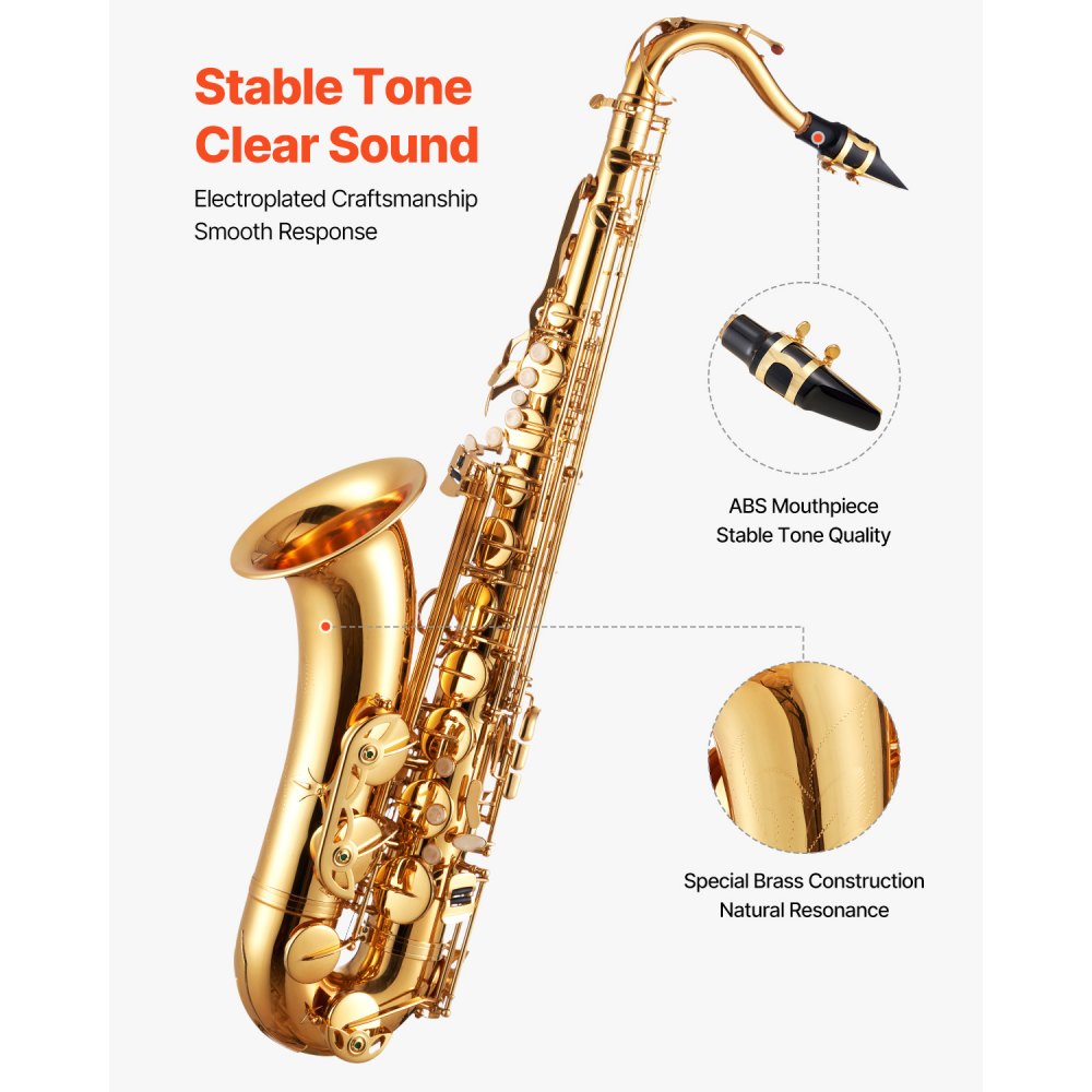 VEVOR Tenor Saxophone, B Flat, Professional Brass Saxophone Beginner Kit with Carrying Case, Mouthpiece, Straps, Cleaning Cloth, Gloves, Neck Strap, 23 Keys Tenor Sax Kit, for Beginners Students, Gold