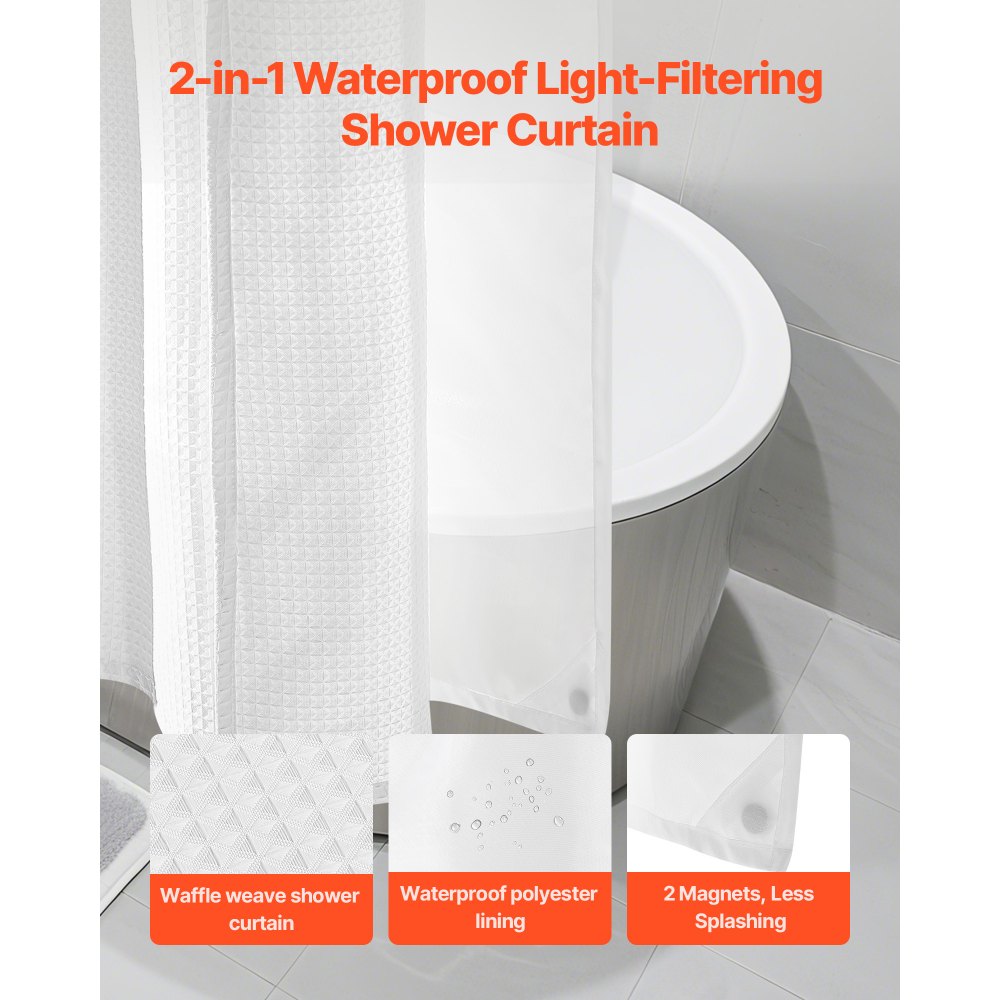 VEVOR No Hook Shower Curtain, 2-in-1 Waterproof Waffle Weave Shower Curtains, 240 GSM Curtain with Snap-in Liner, See-Through Window, and Magnets, for Bathroom Showers & Bath Tubs, 74x71 in (White)