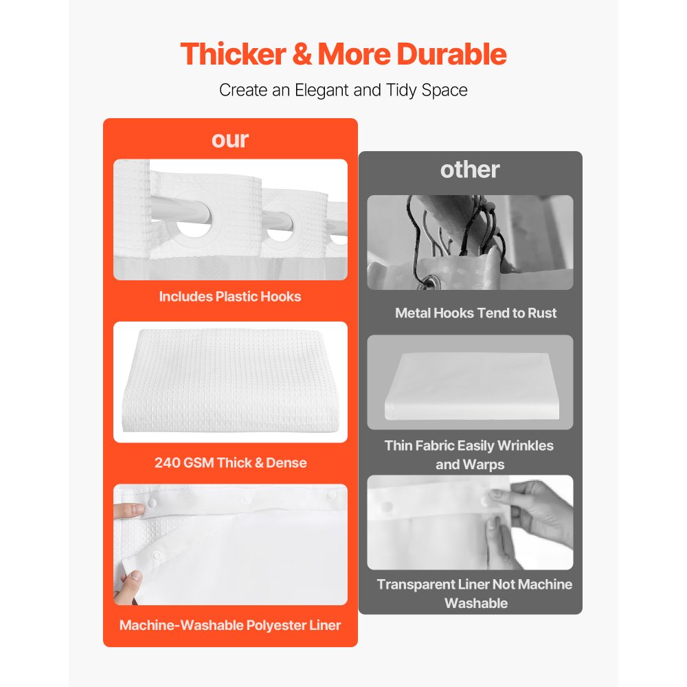 VEVOR No Hook Shower Curtain, 2-in-1 Waterproof Waffle Weave Shower Curtains, 240 GSM Curtain with Snap-in Liner, See-Through Window, and Magnets, for Bathroom Showers & Bath Tubs, 74x71 in (White)