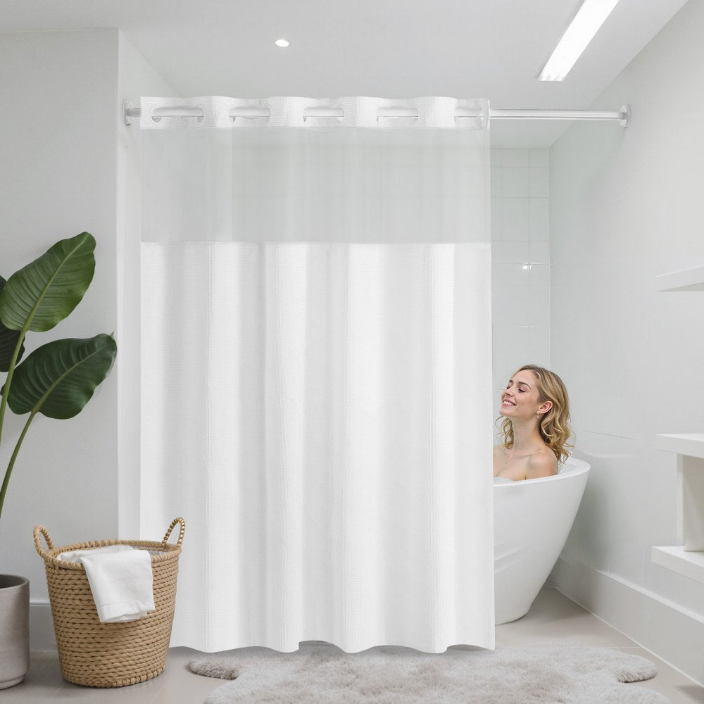 VEVOR No Hook Shower Curtain, 2-in-1 Waterproof Waffle Weave Shower Curtains, 240 GSM Curtain with Snap-in Liner, See-Through Window, and Magnets, for Bathroom Showers & Bath Tubs, 74x71 in (White)