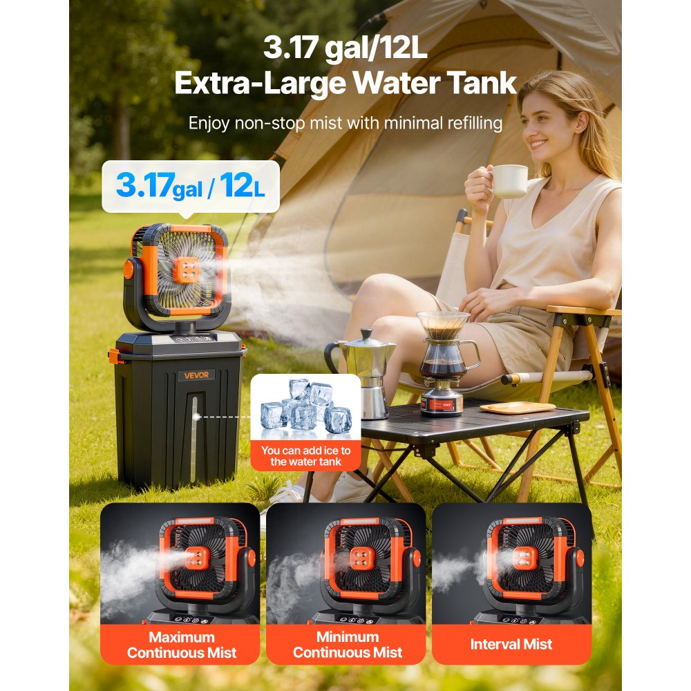 VEVOR Misting Fan, 2400RPM Motor Camping Misting Fan, Mister Cooling Fans with 3.17 gal Water Tank, 20000mAh Battery, 4-Speed Wind & 3 Lighting Modes, Water Cooling Fans for Indoor, Outdoor, Patio