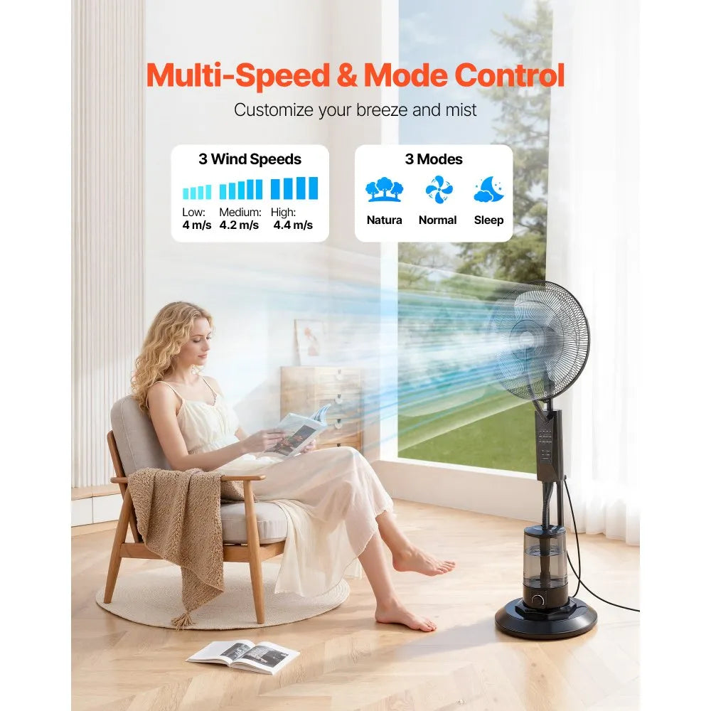 VEVOR Misting Fan, 3 Wind Speeds Misting Standing Fan, Mister Cooling Fans with 0.79 gal Water Tank, Remote & Panel Control, Water Cooling Fans for Indoor, Outdoor, Garage, Patio, Living Room, 3 Modes