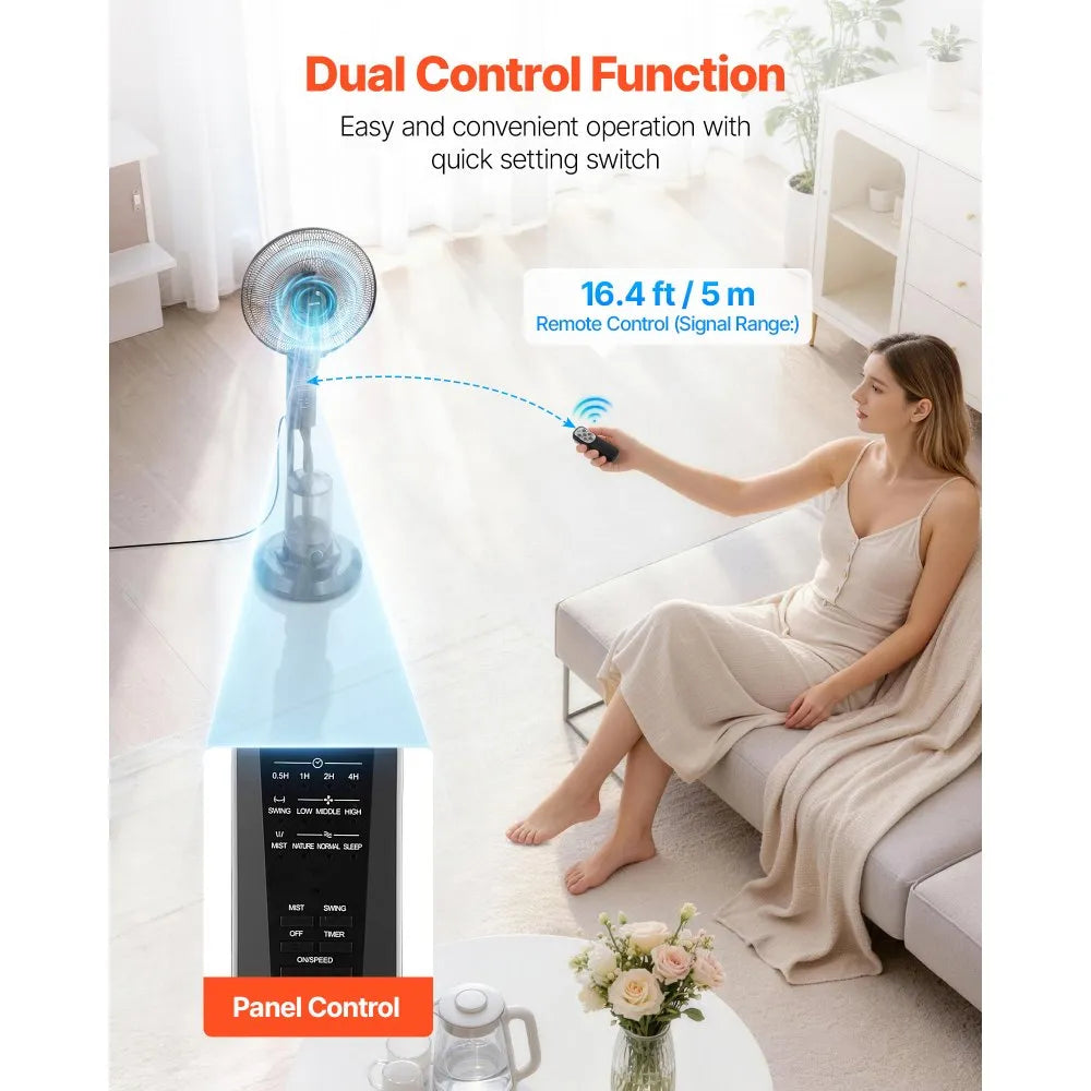 VEVOR Misting Fan, 3 Wind Speeds Misting Standing Fan, Mister Cooling Fans with 0.79 gal Water Tank, Remote & Panel Control, Water Cooling Fans for Indoor, Outdoor, Garage, Patio, Living Room, 3 Modes