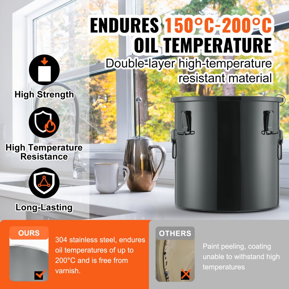VEVOR Fryer Grease Bucket, 10 Gal Oil Disposal Caddy Stainless Steel Fryer Oil Bucket Rust-Proof Coating, Oil Transport Container with Lid, Lock Clips, Filter Bag for Hot Cooking Oil Filtering, Black