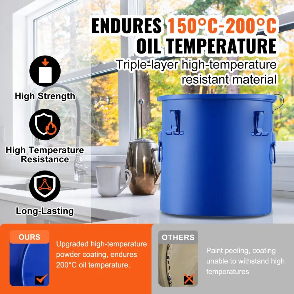 VEVOR Fryer Grease Bucket, 8 Gal Oil Disposal Caddy Carbon Steel Fryer Oil Bucket with Rust-Proof Coating, Oil Transport Container with Lid, Lock Clips, Filter Bag for Hot Cooking Oil Filtering, Blue
