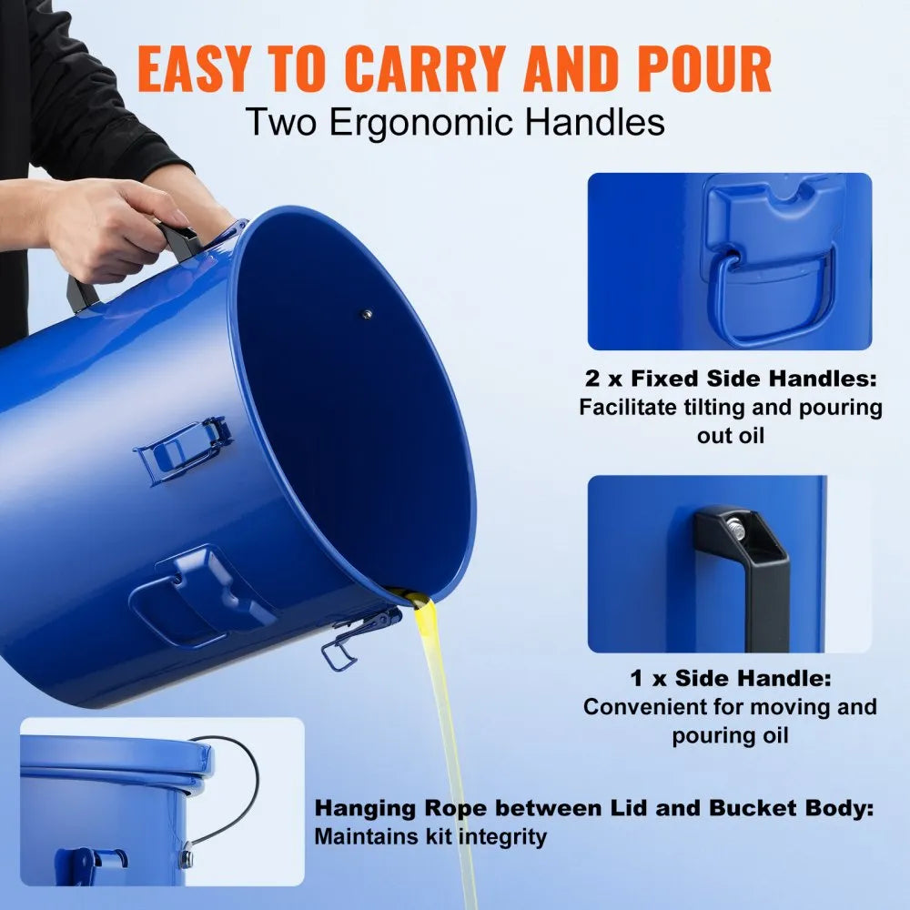 VEVOR Fryer Grease Bucket, 8 Gal Oil Disposal Caddy Carbon Steel Fryer Oil Bucket with Rust-Proof Coating, Oil Transport Container with Lid, Lock Clips, Filter Bag for Hot Cooking Oil Filtering, Blue