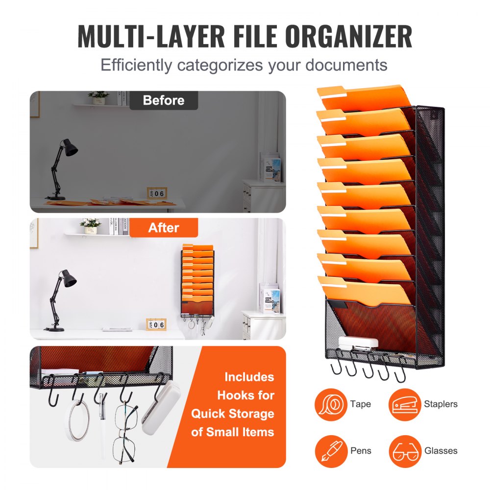 VEVOR File Wall Rack, One-Piece 10 Pockets Mesh Wall File Holder, Wall Mounted Magazine Mail Paper & Document Storage Folder, Metal Wall File Organizer with Nametag Label, for Office Home & School