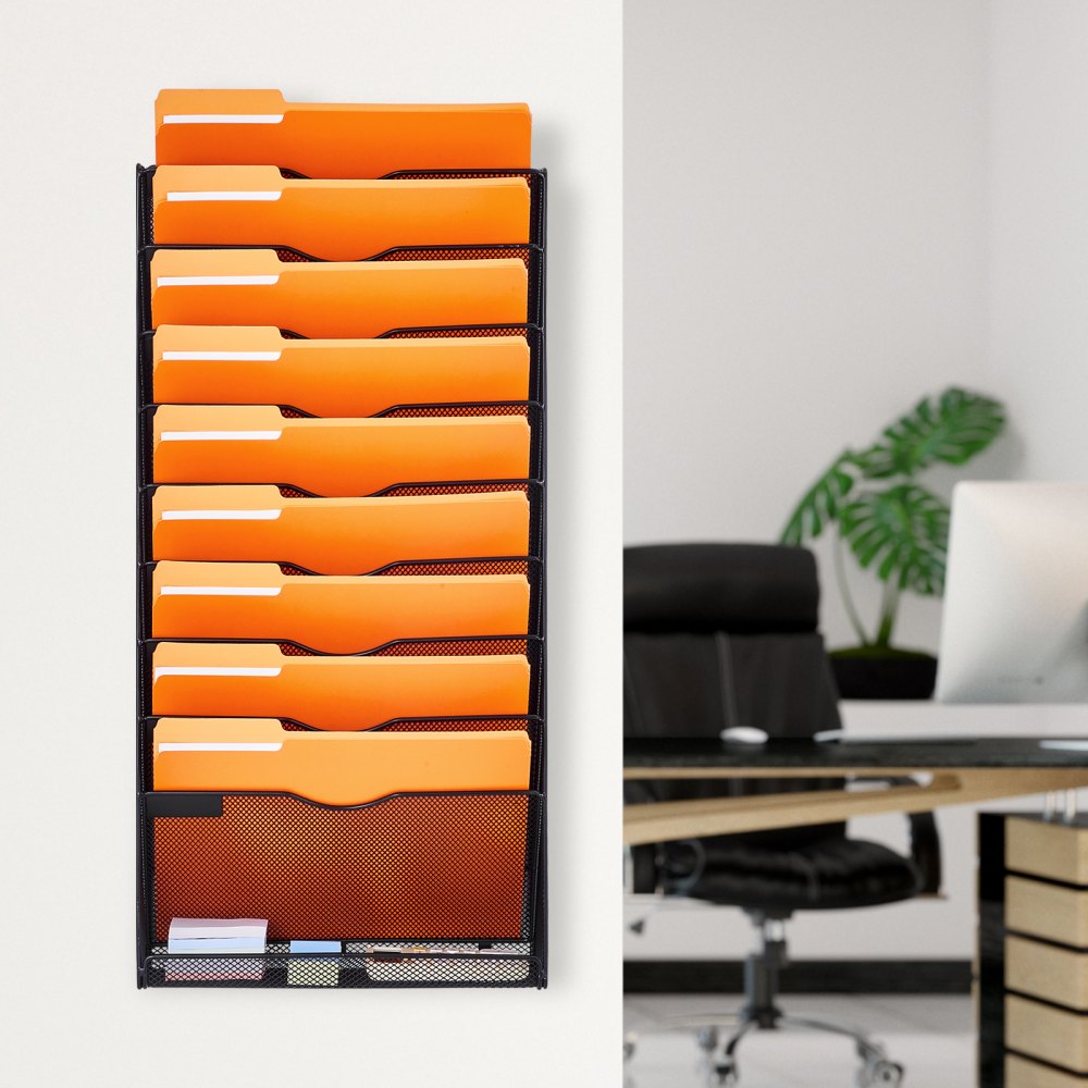 VEVOR File Wall Rack, One-Piece 10 Pockets Mesh Wall File Holder, Wall Mounted Magazine Mail Paper & Document Storage Folder, Metal Wall File Organizer with Nametag Label, for Office Home & School
