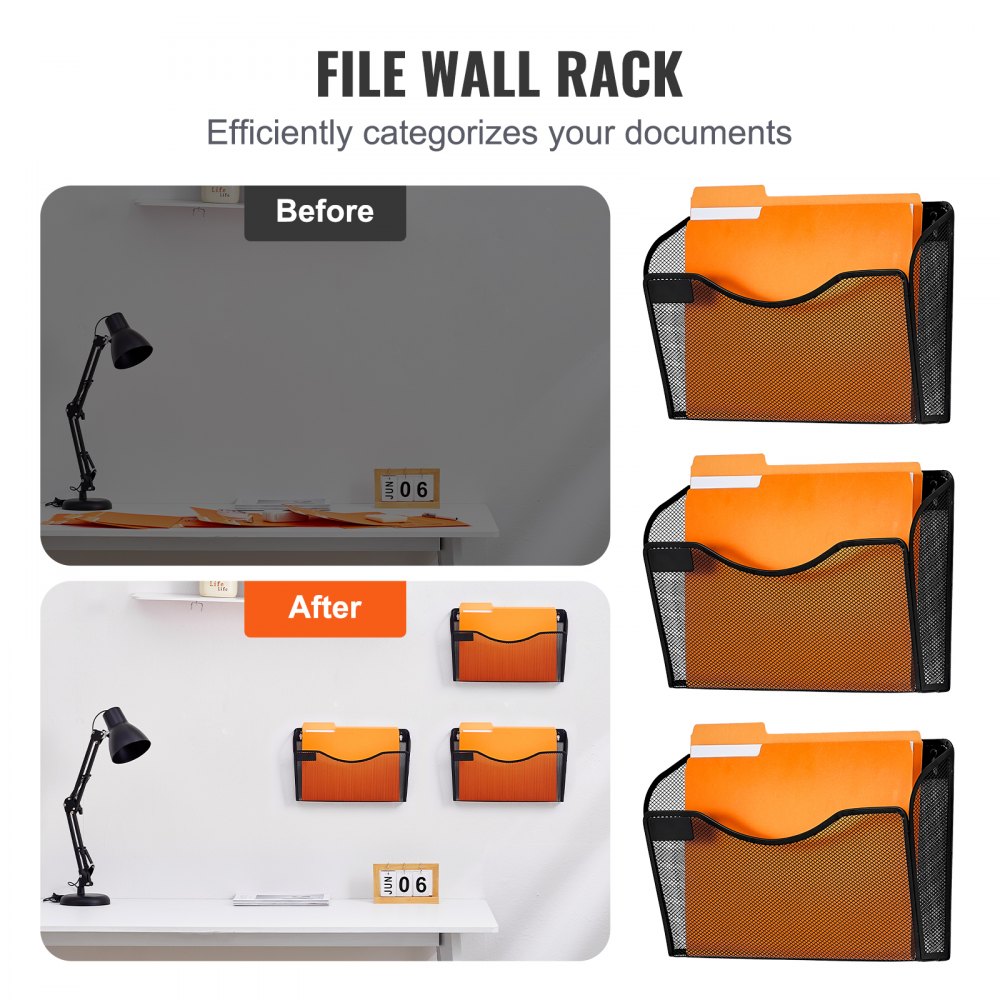 VEVOR File Wall Rack, Three-Piece 1 Pocket Mesh Wall File Holder, Wall Mounted Magazine Mail Paper & Document Storage Folder, Metal Wall File Organizer with Nametag Label, for Office Home & School
