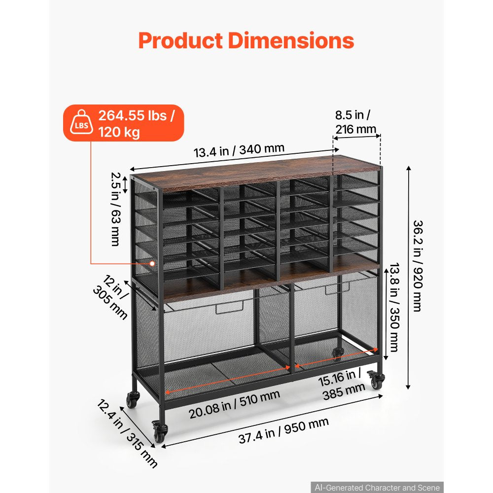 VEVOR Rolling File Cart 24 Slot Mobile Filing Cabinet with Lockable Wheels, for Home Office Classroom, Large Storage Capacity, Hanging File Folder Mail Organizer, with 264.55 lbs / 120 kg Load, Black