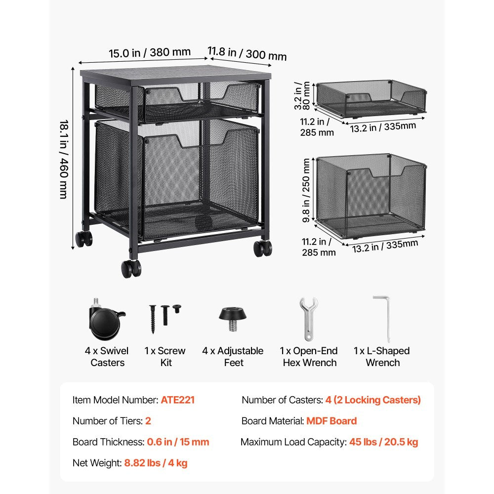 VEVOR Rolling File Cart 2-Tier Mobile Filing Cabinet with Wheels Drawers, for Home Office, Large Storage Capacity, Hanging File Folder Organizer, Easy Mobility, with 45 lbs / 20.5 kg Load, Black