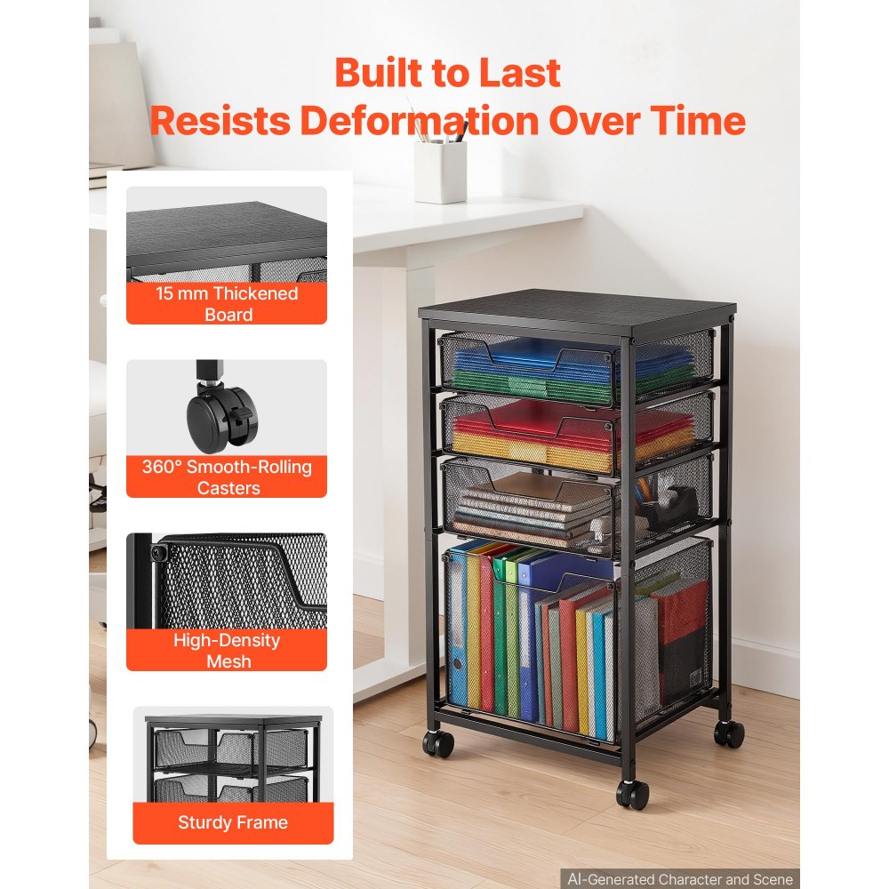 VEVOR Rolling File Cart 4-Tier Mobile Filing Cabinet with Wheels Drawers, for Home Office, Large Storage Capacity, Under Desk Hanging File Folder Organizer, with 45 lbs / 20.5 kg Max Load, Black