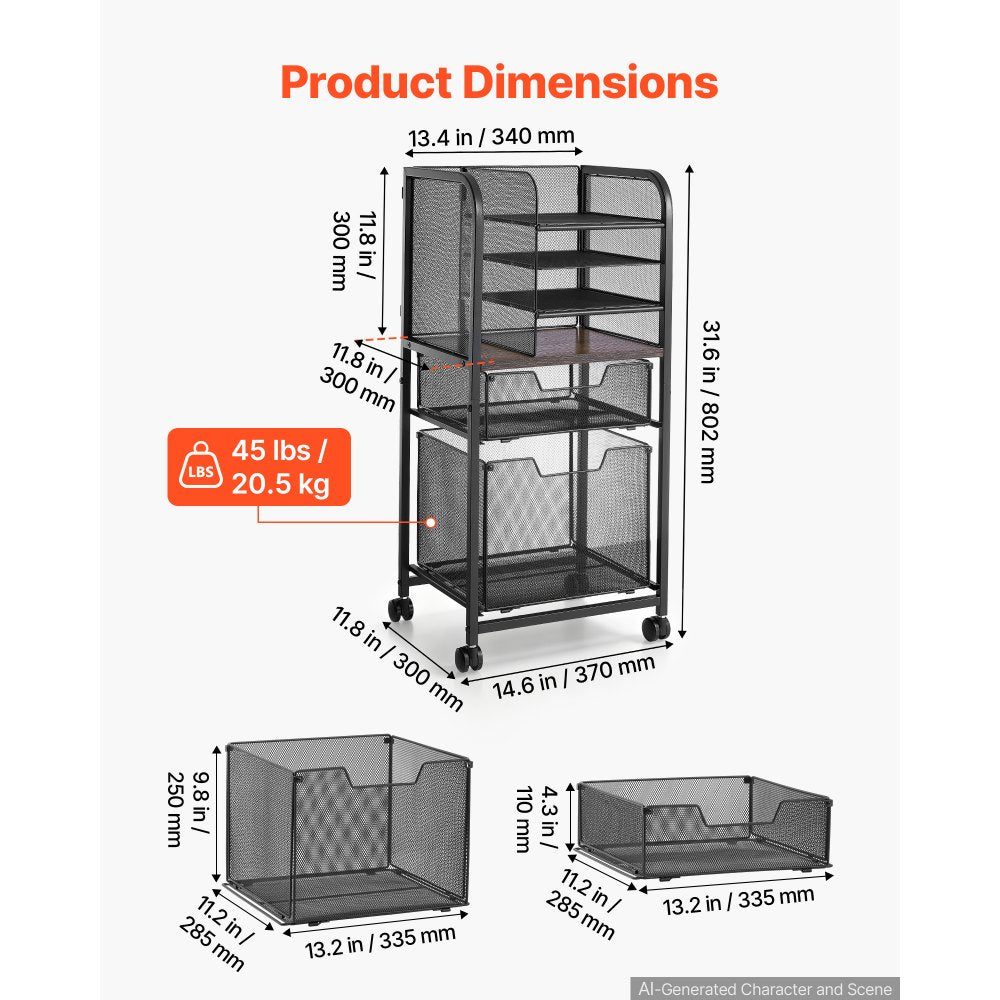 VEVOR Rolling File Cart 6-Tier Mobile Filing Cabinet with Wheels Drawers, for Home Office, Large Storage Capacity, Under Desk Hanging File Folder Organizer, with 45 lbs / 20.5 kg Max Load, Black