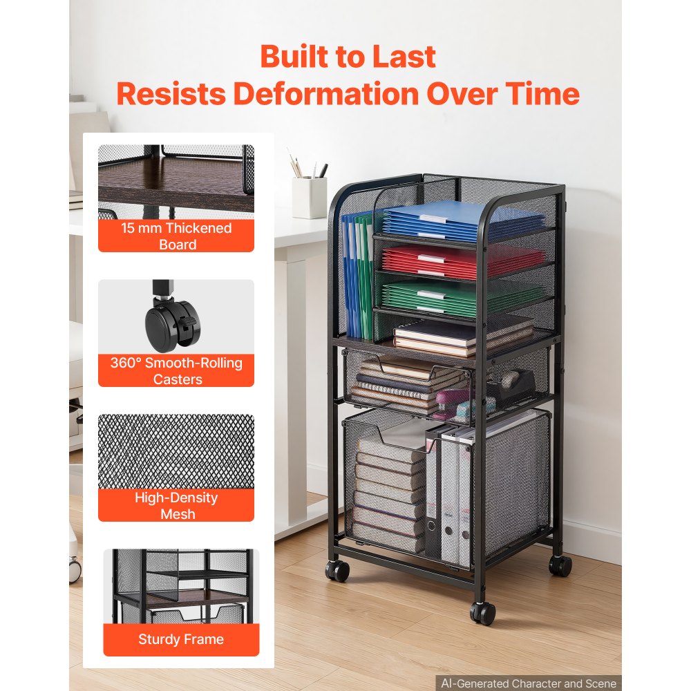 VEVOR Rolling File Cart 6-Tier Mobile Filing Cabinet with Wheels Drawers, for Home Office, Large Storage Capacity, Under Desk Hanging File Folder Organizer, with 45 lbs / 20.5 kg Max Load, Black