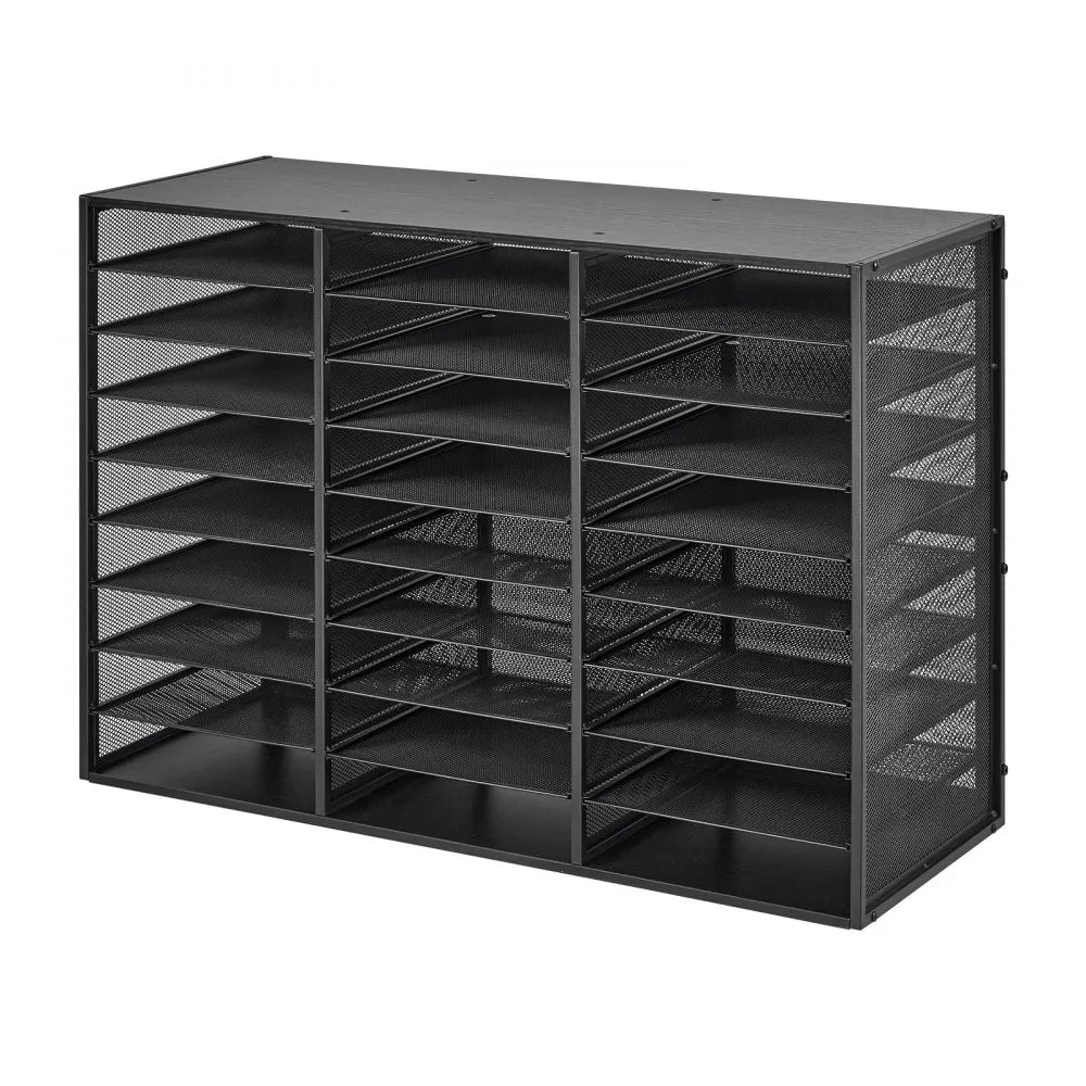 VEVOR Literature Organizer, 27 Compartments Metal Office Mailbox with Detachable Wire Mesh, Mailbox Sorter with Wooden Top, Countertop Office Home Storage Organizer for File, Document, Paper, Black