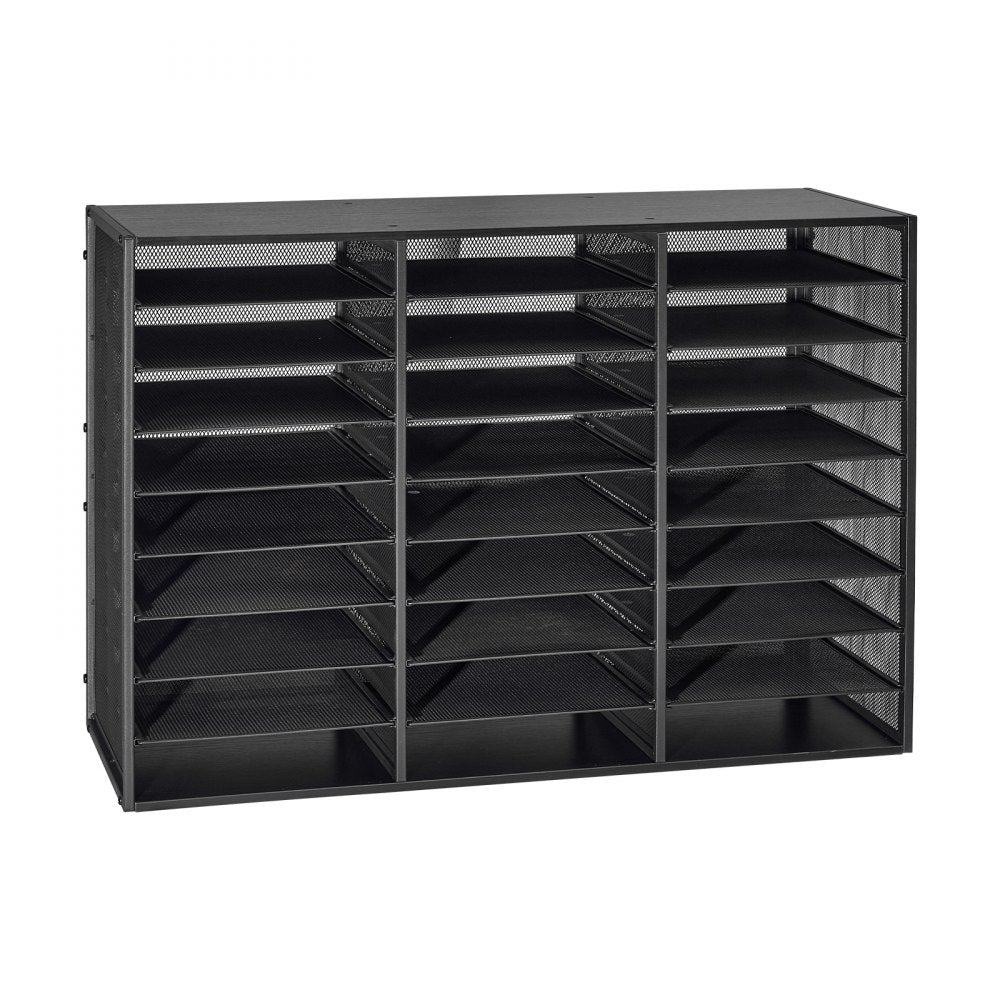 VEVOR Literature Organizer, 27 Compartments Metal Office Mailbox with Detachable Wire Mesh, Mailbox Sorter with Wooden Top, Countertop Office Home Storage Organizer for File, Document, Paper, Black