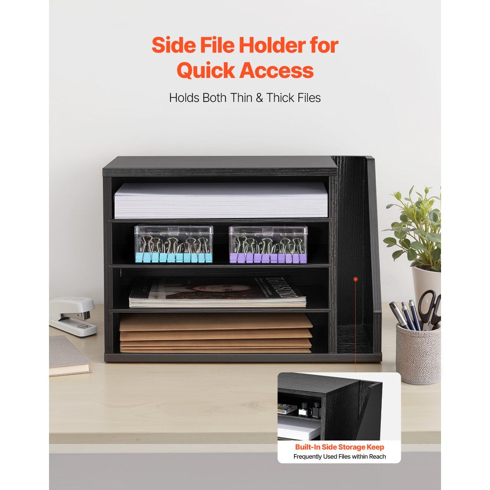 VEVOR Literature Organizer, 4 Compartments Office Mailbox with Detachable Shelves, Wooden Mailbox Sorter with Side Vertical Storage, Countertop Office Home Organizer for File, Document, Paper, Black